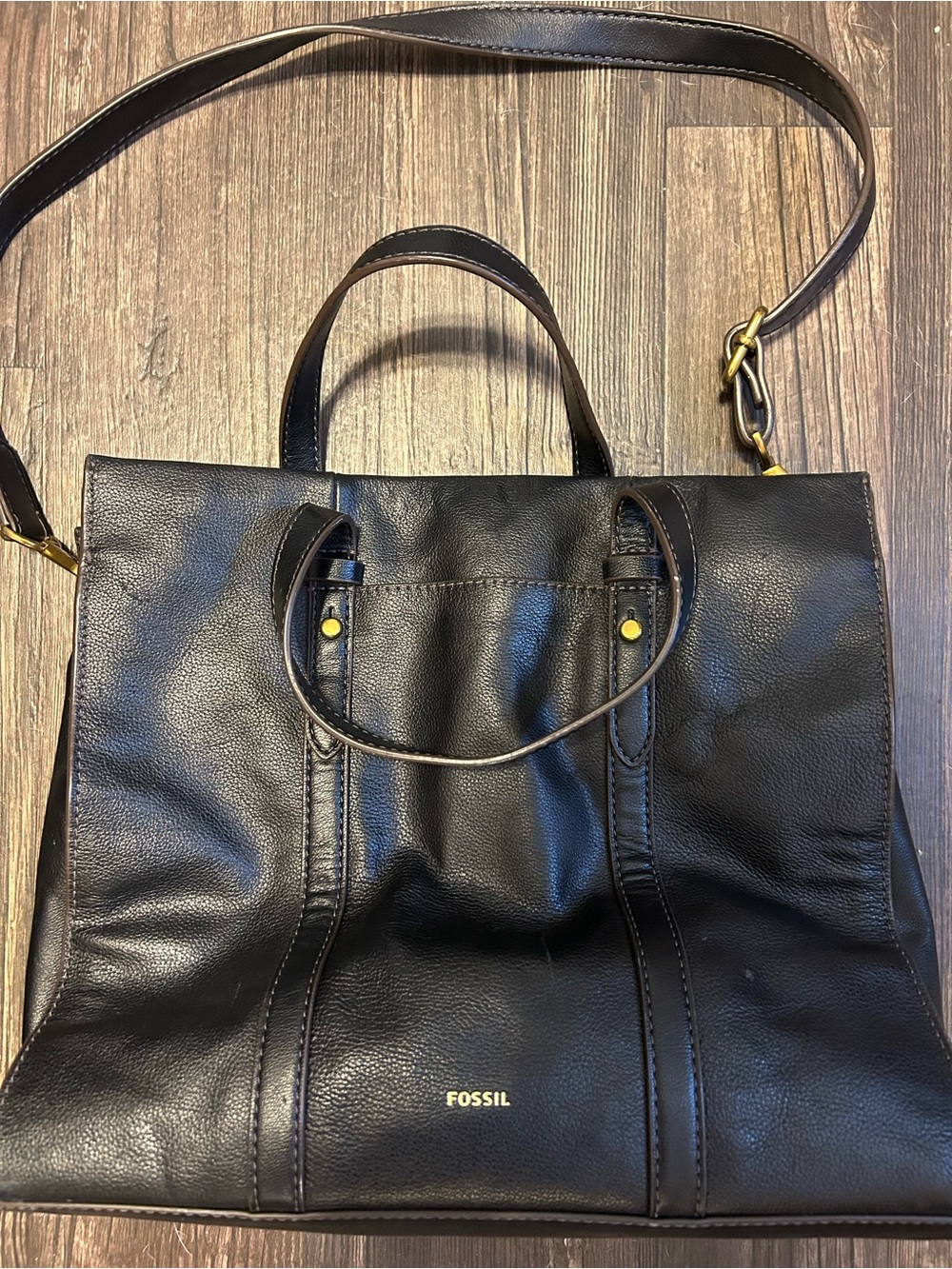 Fossil Black Leather Tote with Gold Accents